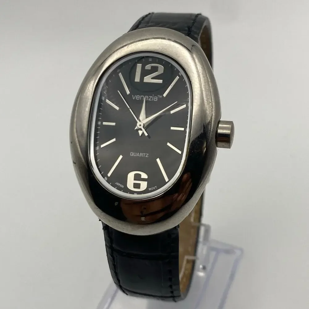 Elegant Venezia Oval Silver-Tone Ladies Watch, Black Band Working New Battery